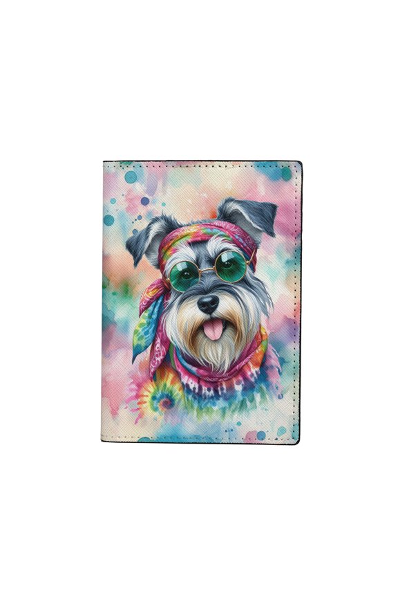 Hippie Schnauzer Portrait Watercolor Tie-Dye Vintage Styles Travel Passport Wallet Miniature Schnauzer Dog Lover PU Leather Passport Holder Cover - 00014