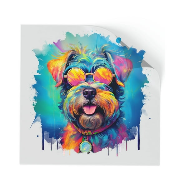Hippie Schnauzer Portrait oil painting Watercolor Tie-dye Vintage Cutout Transfer Sticker Miniature Schnauzer Dog Lover Transparent Decal Art Decor - 00015