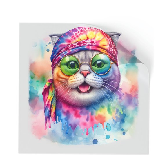 Hippie Scottish Fold Portrait Watercolor Tie-Dye Vintage Styles Cutout Transfer Sticker Cat Lover Kitten Owner Gifts Transparent Decal Art Decor - 00014