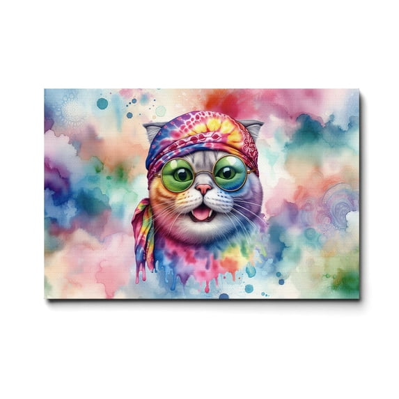 Hippie Scottish Fold Portrait Watercolor Tie-Dye Vintage Styles Horizontal Matte Canvas Poster Cat Lover Kitten Owner Gifts Wall Art Home Decor - 00014