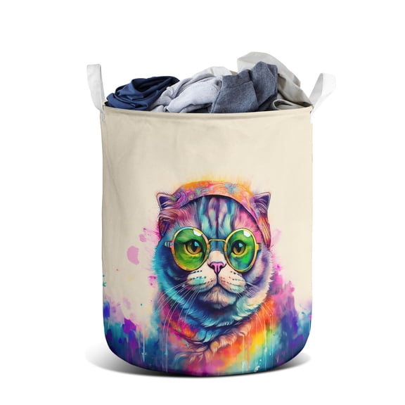Hippie Scottish Fold Portrait oil painting Watercolor Tie-dye Vintage Foldable Laundry Basket Cat Lover Kitten Owner Gifts Organizer Storage with Handles - 00015