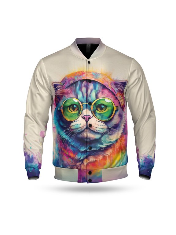 Hippie Scottish Fold Portrait oil painting Watercolor Tie-dye Vintage All Over Print 3D Baseball Jacket Cat Lover Kitten Owner Gifts Bomber Jacket Softball - 00015