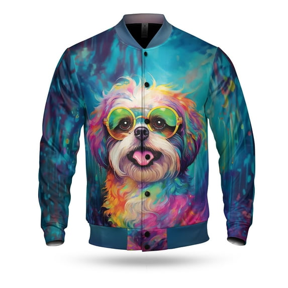 Hippie Shih Tzu Portrait oil painting Watercolor Tie-dye Vintage All Over Print 3D Baseball Jacket Lion Dog Lover Gifts Bomber Jacket Softball - 00015