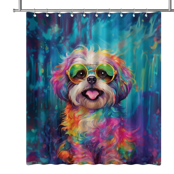Hippie Shih Tzu Portrait oil painting Watercolor Tie-dye Vintage Shower Curtain Lion Dog Lover Gifts Waterproof Bathroom Bathtub Curtain - 00015