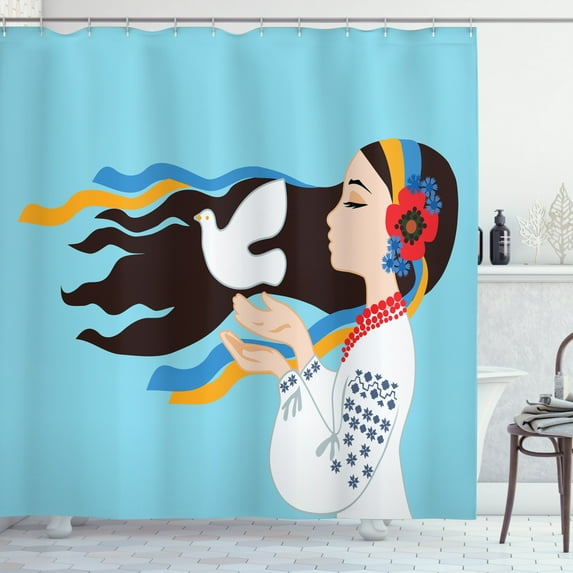 Hippie Shower Curtain, The Girl Wearing Ukranian Ethnic Costume and Hairband Sends a Dove for World Peace, Fabric Bathroom Set with Hooks, 69W X 70L Inches, Multicolor, by Ambesonne