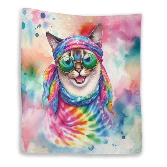Hippie Siamese Portrait Watercolor Tie-Dye Vintage Styles Quilt Blanket Cat Lover Kitten Owner Gifts Cozy Comforter Throw Blanket - 00014