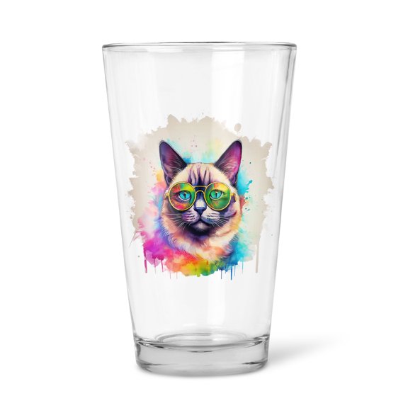 Hippie Siamese Portrait oil painting Watercolor Tie-dye Vintage 16oz Pint Beer Glass Mug Cat Lover Kitten Owner Gifts Beer Glasses Cup - 00015
