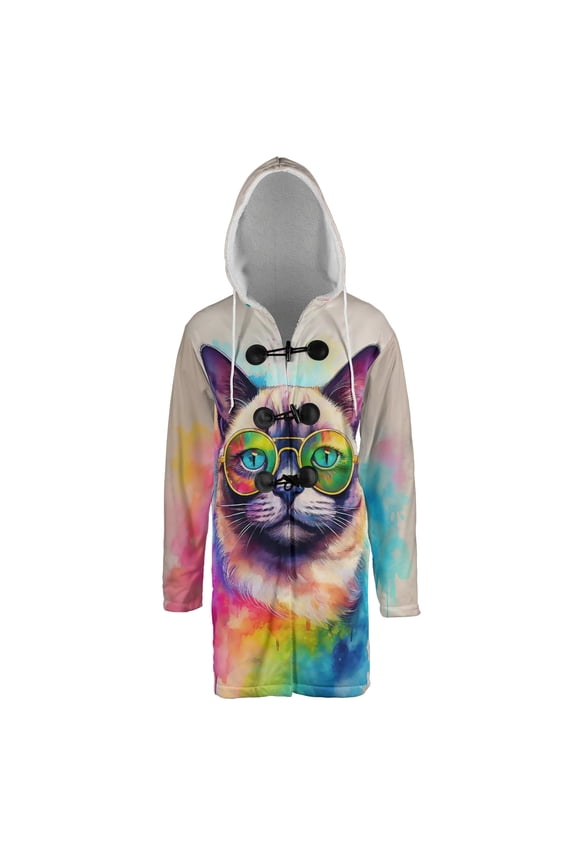 Hippie Siamese Portrait oil painting Watercolor Tie-dye Vintage All Over Print 3D Hooded Duffle Toggle Coat Cat Lover Kitten Owner Gifts - 00015