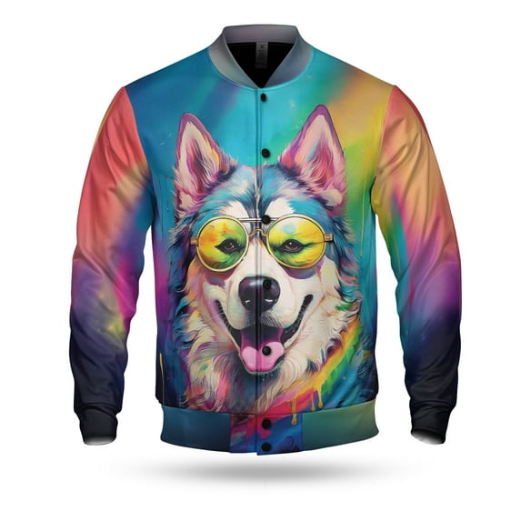 Hippie Siberian Husky Portrait oil painting Watercolor Tie-dye Vintage All Over Print 3D Baseball Jacket Husky Dog Lover Gifts Bomber Jacket Softball - 00015