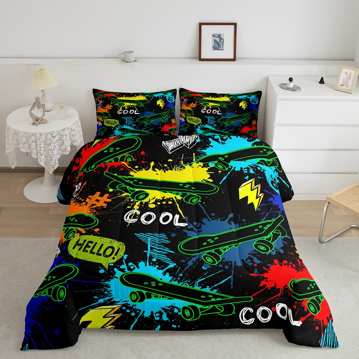 Hippie Skateboard Bedding Set Rainbow Tie Dye Twin Comforter Set for