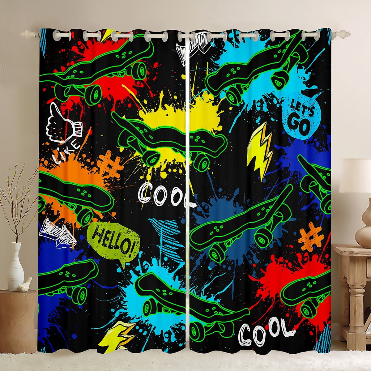 Blackout Curtains Set - Abstract Graffiti Print, Thermal Insulated Grommet Panels, 42x84 Inch (Pack Of 2)