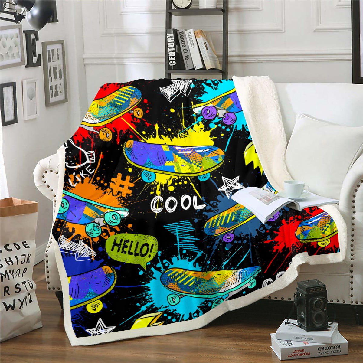 Hippie Skateboard Blanket Watercolor Tie Dye 90"x90" Throw Blanket for