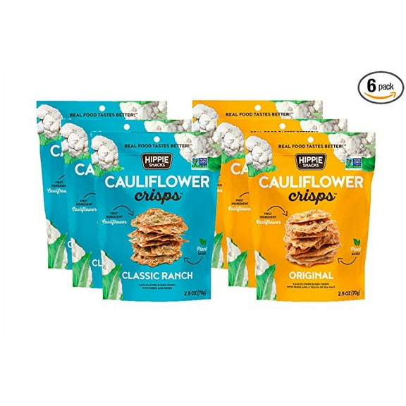 Hippie Snacks Cauliflower Crisps Variety Pack, Plant-based, High Protein, Gluten Free Snack or Crackers for Charcuterie Boards, 3 Original, 3 Classic Ranch Pack of 8