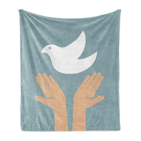 Hippie Soft Flannel Fleece Blanket, Dove of Peace Flying Above Hands for World Peace Theme Vintage Style, Cozy Plush for Indoor and Outdoor Use, 70" x 90", Slate Blue White and Tan, by Ambesonne