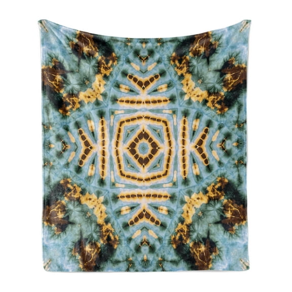 Hippie Soft Flannel Fleece Throw Blanket, Close up Effect Hippie Motif Maya Clan in Dirt Tones Counter Culture Print, Cozy Plush for Indoor and Outdoor Use, 70" x 90", Yellow and Blue, by Ambesonne