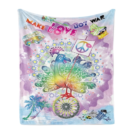 Hippie Soft Flannel Fleece Throw Blanket, Funny Peacock Make Love Words Groovy Flower Sixties Children Peace Theme, Cozy Plush for Indoor and Outdoor Use, 50" x 70", Multicolor, by Ambesonne