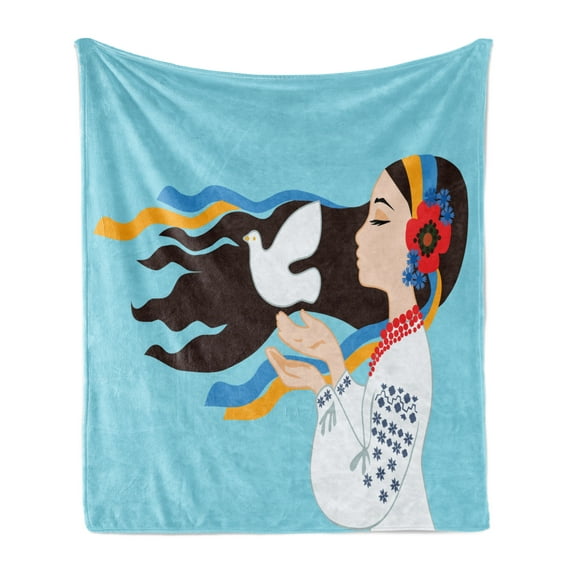 Hippie Soft Flannel Fleece Throw Blanket, Girl Wearing Ukranian Costume and Hairband Sends a Dove for World Peace, Cozy Plush for Indoor and Outdoor Use, 60" x 80", Multicolor, by Ambesonne