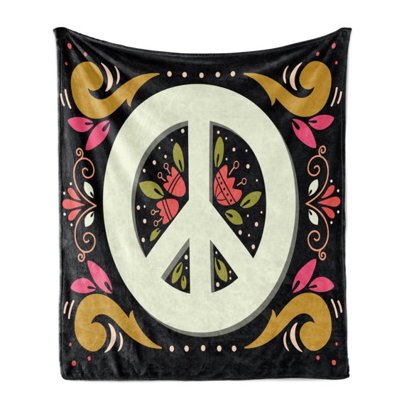Hippie Soft Flannel Fleece Throw Blanket, Graphic Peace Sign with Flower Shapes Sixties and Seventies Pacifism or, Cozy Plush for Indoor and Outdoor Use, 50" x 60", Multicolor, by Ambesonne