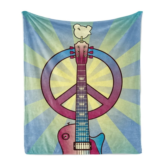 Hippie Soft Flannel Fleece Throw Blanket, Illustration of a Guitar Peace and Dove Dedicated to the Woodstock Festival, Cozy Plush for Indoor and Outdoor Use, 50" x 70", Multicolor, by Ambesonne
