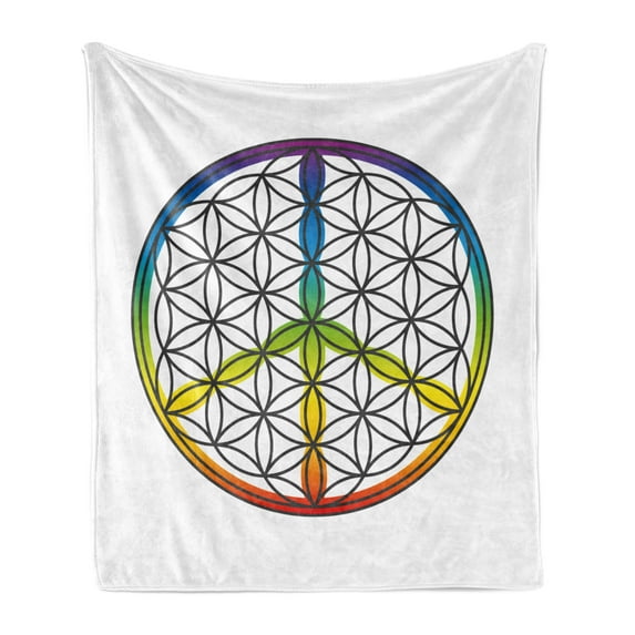 Hippie Soft Flannel Fleece Throw Blanket, Life and Peace Forming Flower in Rainbow Colors Abstract Style Design, Cozy Plush for Indoor and Outdoor Use, 70" x 90", Multicolor, by Ambesonne