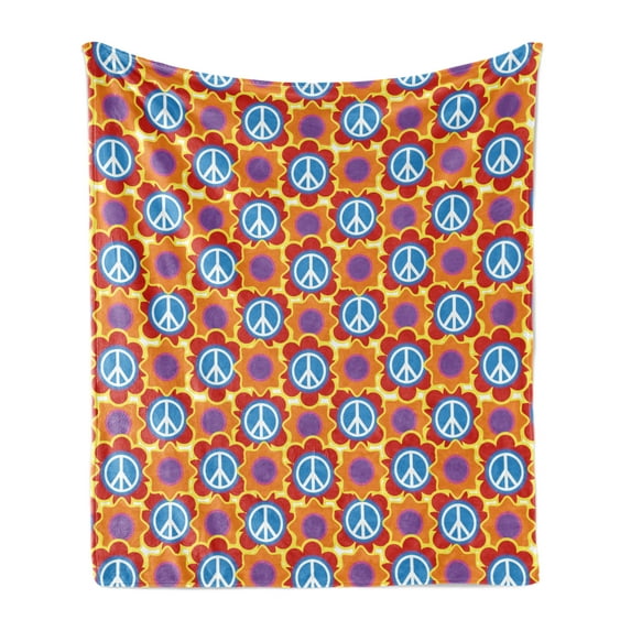 Hippie Soft Flannel Fleece Throw Blanket, Psychedelic of Pacifism and Peach Flowers Cheerful Colors Joyful People Peace, Cozy Plush for Indoor and Outdoor Use, 60" x 80", Multicolor, by Ambesonne