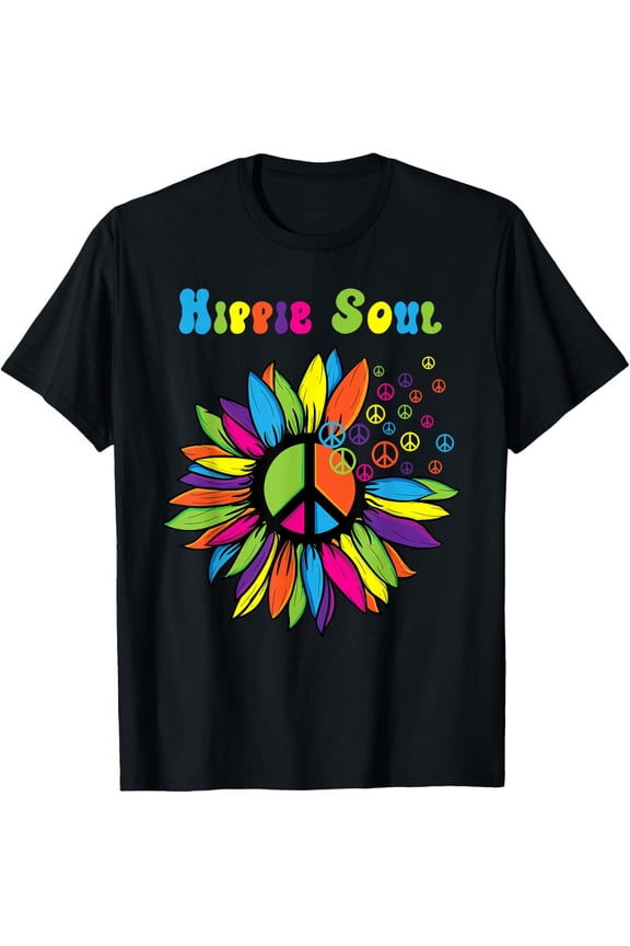 Hippie Soul Funny Peace Sign Daisy Flower Hippies Art Lovers T-ShirtMen and women, Black T-shirt, size: Extra large