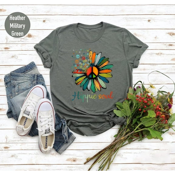 Hippie Soul Peace Sign T-Shirt: Retro 70s Boho Festival Top TSHIRT All Size S-5XL