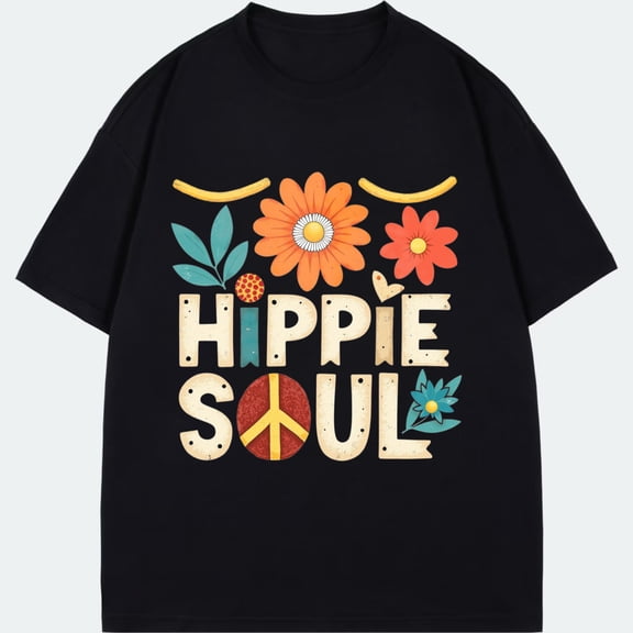 Hippie Soul T Shirt Black Flower Peace Sign And Text Design For Casual Wear And Music Festivals