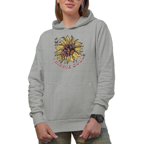 Hippie Soul with Retro Sunflower, Peace Sign & Butterflies Art Merch Gift, Heather Grey Hooded Sweatshirt or Hoodie, Medium