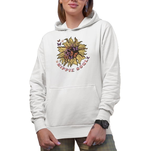 Hippie Soul with Retro Sunflower, Peace Sign & Butterflies Art Merch Gift, White Hooded Sweatshirt or Hoodie, Medium