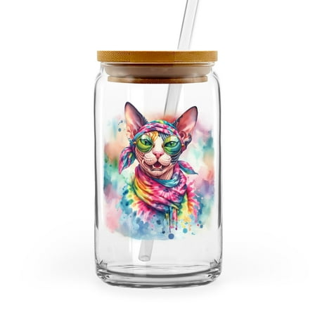 Hippie Sphynx Portrait Watercolor Tie-Dye Vintage Styles 16oz Glass Cup Mug Cat Lover Kitten Owner Gifts Idea Glass Can with Bamboo Lid and Straw - 00014