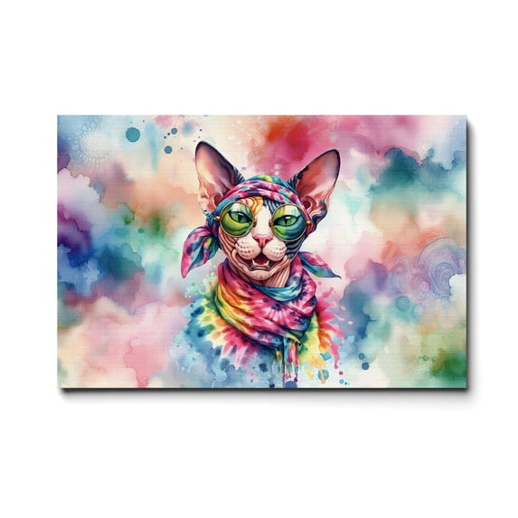 Hippie Sphynx Portrait Watercolor Tie-Dye Vintage Styles Horizontal Matte Canvas Poster Cat Lover Kitten Owner Gifts Idea Wall Art Home Decor - 00014