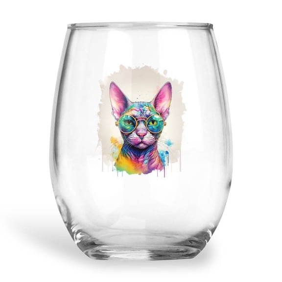 Hippie Sphynx Portrait oil painting Watercolor Tie-dye Vintage 15oz Stemless Wine Glass Mug Cat Lover Kitten Owner Gifts Idea Wine Glasses Cup - 00015
