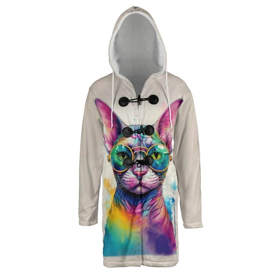 Hippie Sphynx Portrait oil painting Watercolor Tie-dye Vintage All Over Print 3D Hooded Duffle Toggle Coat Cat Lover Kitten Owner Gifts Idea - 00015
