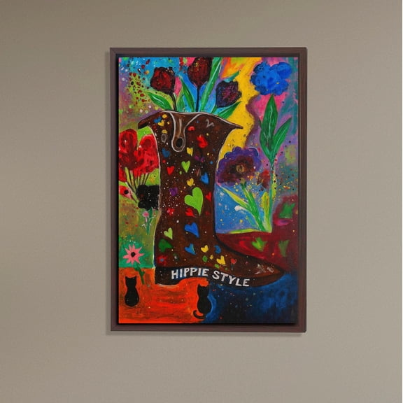 Hippie Style Boot, Colorful Boho Wall Art, Flower Vase With Hearts, Psychedelic Decor, Retro 70S Inspired Artwork Poster Home Decor, 16x24 UNFRAMED