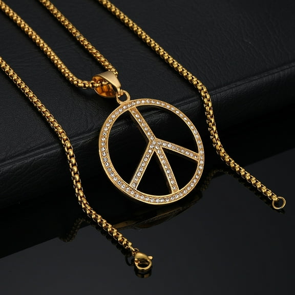 Hippie Style Peace Sign 14K Yellow Gold Necklace Peace Sign Pendant Necklace Peace Symbol Jewelry 1960s 1970s Hippie Party Necklaces