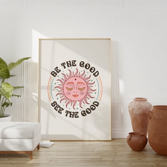 Hippie Sun Celestial Wall Print Inspirational Positive Vibes, Unframed Paper Poster 8x10in