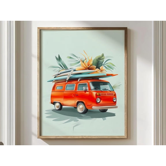 Hippie Surf Van Retro Camper Wall Art Tropical Flowers Boho Beach Decor Room Nursery Coastal Home Style, Unframed Poster