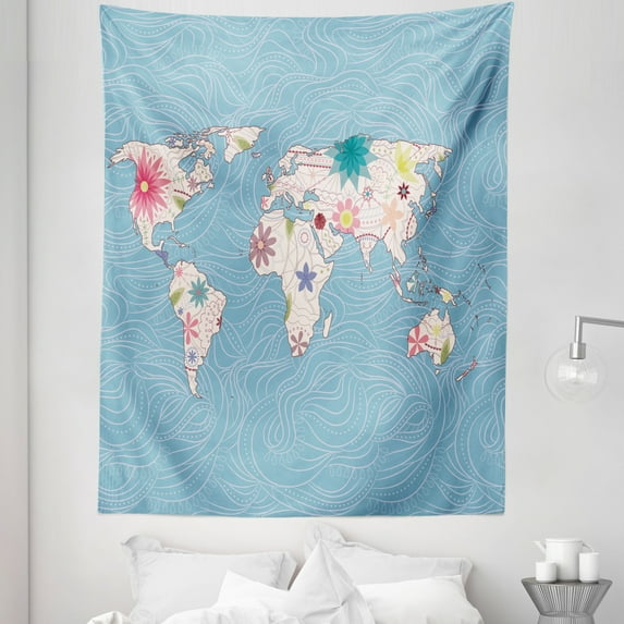 Hippie Tapestry, Blossom Atlas Continents Ecology Peace Nature Design Travel Theme, Fabric Wall Hanging Decor for Bedroom Living Room Dorm, 5 Sizes, Pale Blue White, by Ambesonne