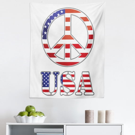 Hippie Tapestry, Modern Peace Sign USA Flag Color Design Hippie Freedom Pacifist Theme, Fabric Wall Hanging Decor for Bedroom Living Room Dorm, 5 Sizes, Violet Blue White, by Ambesonne