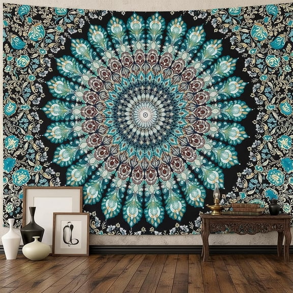 Hippie Tapestry Wall Hanging Boho Teal Medallion Tapestry Aesthetic Vintage Bohemian Indian Floral Cool Tapestries for Bedroom Living Room Dorm Decor