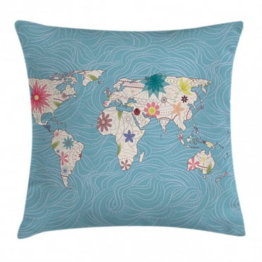 Hippie Throw Pillow Cushion Cover, World Map with Floral Blossom Continent Figures Ecology Peace Nature Design, Decorative Square Accent Pillow Case, 16 X 16 Inches, Light Blue White, by Ambesonne