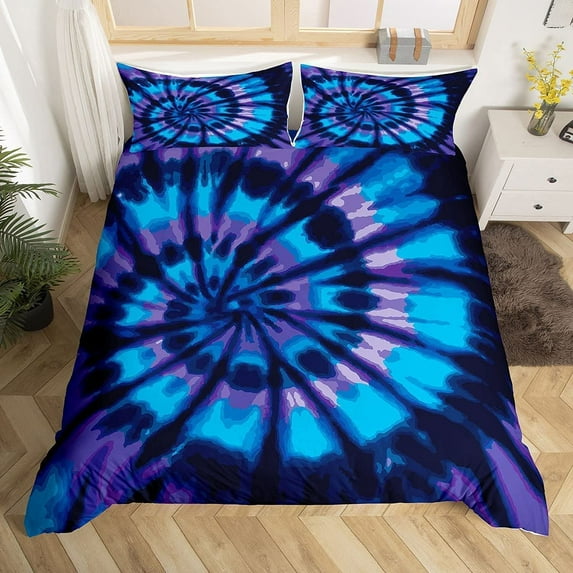 Hippie Tie Dye Bedding Duvet Cover SetS Blue Purple Tie Dye Spiral Comforter Cover, Boho Bohemian Hippie Gypsy Quilt Cover, Abstract Indian Ethnic Bedspread with Zipper, Soft Comfortable