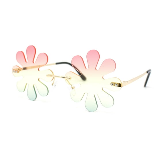 Hippie Tie Dye Daisy Rimless Round Groovy Sunglasses Gold - Red Green