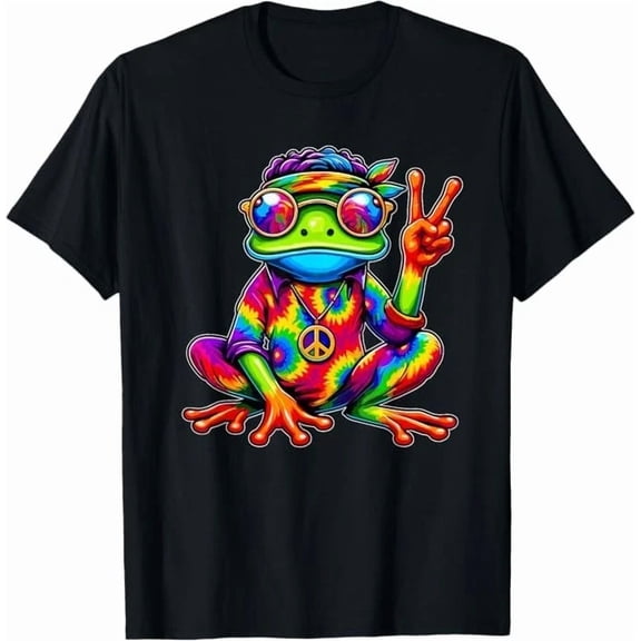 Hippie Tie-Dye Frog Peace Sign Retro Costume Graphic Unisex T-Shirt, up to Size 5XL
