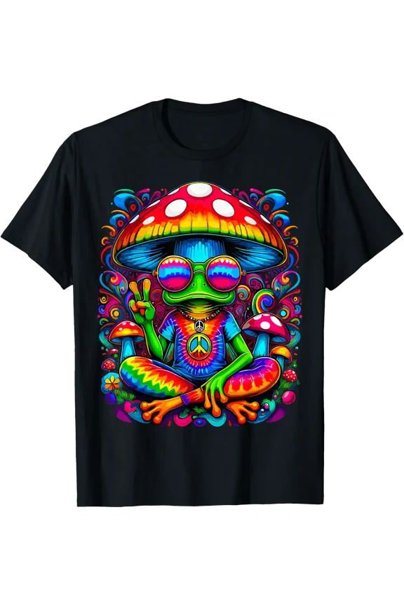 Hippie Tie-Dye Frog With Mushroom Peace Sign T-Shirt Size S-5XL