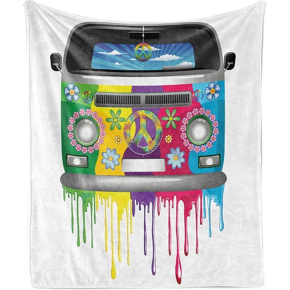 Hippie Van Dripping Rainbow Paint Old Days Pop Culture Vacation Transport Flannel Fleece Blanket, 50x60in Fleece Blanket