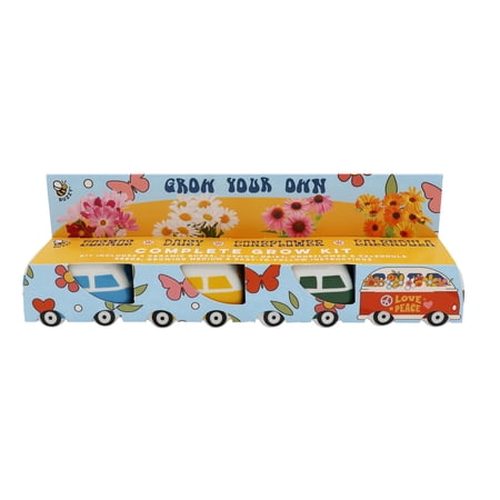 Hippie Van Planter Grow Kits (Set of 4) – Ceramic Retro Van Planters with Daisy, Calendula, Cosmos & Coneflower