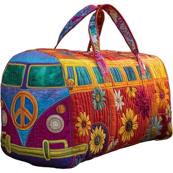 Hippie Van Quilted Duffel Bag, Hippie Journey Travel Duffel Bag, Vintage Floral Bus Shaped Tote Bags, Durable Bag Organizer for Travel, Work, Shopping, Heavy Duty Carrying Bag