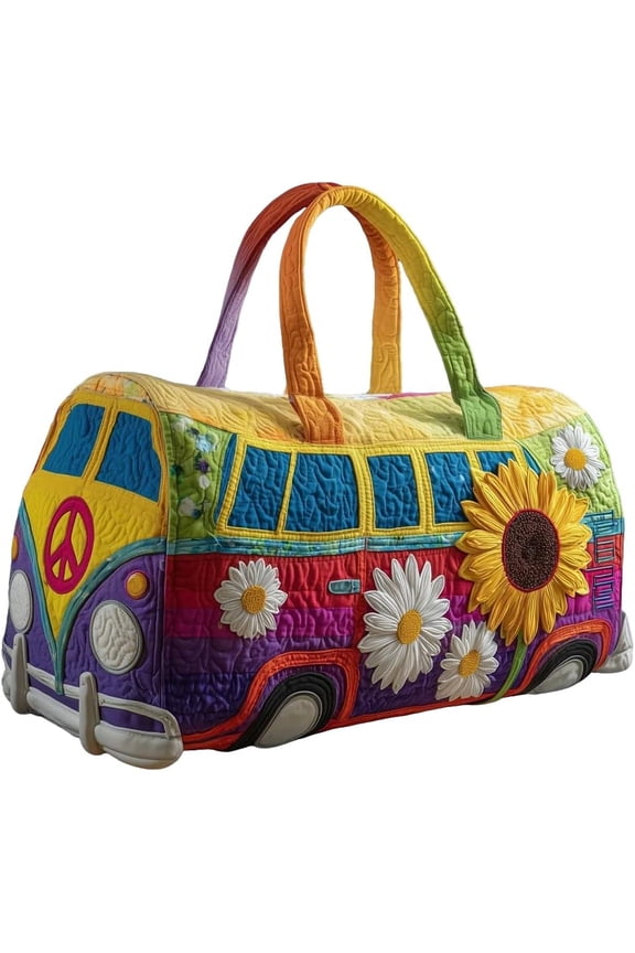 Hippie Van Quilted Duffel Bag, Hippie Journey Travel Duffel Bag, Vintage Floral Bus Shaped Tote Bags, Durable Bag Organizer for Travel, Work, Shopping, Heavy Duty Carrying Bag